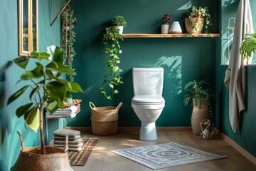 Sticker - Restroom interior with toilet rug and shelving unit by green wall