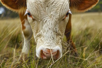 Rural New Zealand summer Farmer s cow grazing long grass close up in a paddock