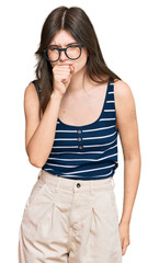 Poster - Young beautiful caucasian girl wearing casual clothes and glasses feeling unwell and coughing as symptom for cold or bronchitis. health care concept.