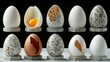   A collection of hatched eggs with varied shapes and sizes, featuring a solitary central egg
