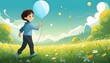 A little kid, boy playing with a balloon on the meadow, grass field