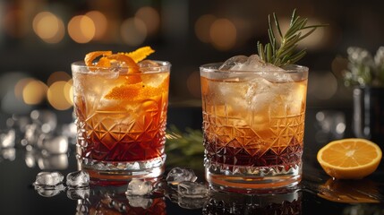Wall Mural -   A close-up photo of two wine glasses filled with liquid, sitting atop a wooden table and adorned with fresh orange slices and rosemary sprigs