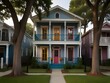 A shotgun house with a narrow, elongated structure, front porch, and vibrant exterior colors, generative AI