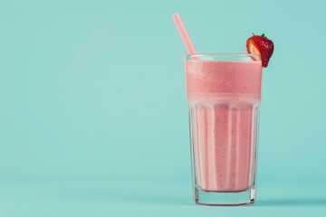 Poster - Strawberry smoothie in tall glass on light blue background