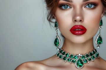Wall Mural - Stylish lady with elegant jewelry Beautiful woman wearing an emerald necklace Youthful beauty model with emerald pendant Accessories and ornaments Fashion and be