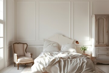 Stylish white bedroom with a comfy armchair and a vintage copper phone on cupboards flanking a cozy bed