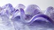   A collection of purple and white items hover above a water body, adorned with water droplets