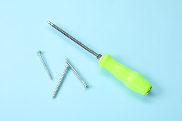 Wall Mural - Screwdriver with green handle and screws on light blue background, flat lay