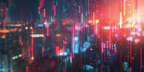 Poster - Double exposure image featuring a forex chart overlaid on a city view, blending financial data with urban landscapes
