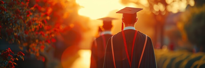 Graduates wearing graduation caps, rear view