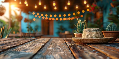 Festive mock-up empty wooden table decorated for Cinco de Mayo celebrations, with vibrant colors, traditional Mexican motifs