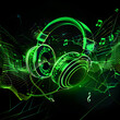 Abstract Representation of a MP3 Ringtone with Neon Aesthetics- Headphones and Digital Sound Waves