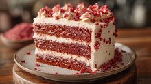   Red Velvet Cake With White Frosting And Sprinkles On A Wooden Plate