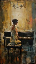 Portrait Of A Female Pianist. Picture Of A Musician In Impressionist Style. Impressionist Picture. Harsh Strokes. An Oil Painting Painted With Brush. Painting Of A Woman In Old Style.