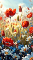 Sticker - A painting of a field of red and white flowers