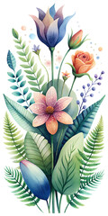 Wall Mural - A botanical-themed greeting card with watercolor illustrations of flowers, ferns, and botanical elements