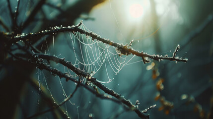 Poster - Dew-kissed spiderweb on spring morning