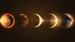 Graphics of Solar eclipse in different phases from left to right in a row	