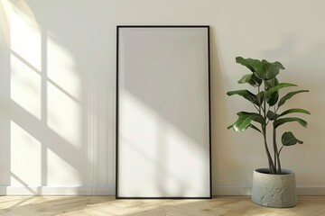 Wall Mural - Blank photo frame with white wall background on light wooden floor