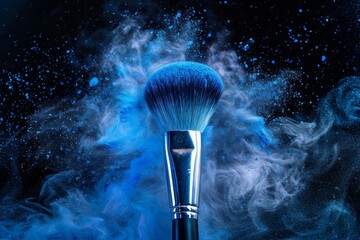 Canvas Print - Blue powder explosion on black background with makeup brush