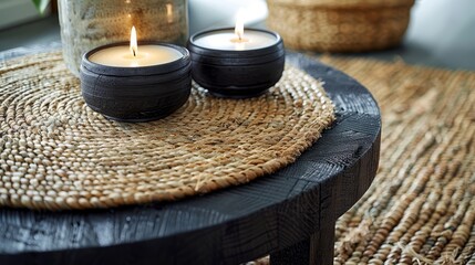 Poster -   A pair of candles atop a wooden table, nearby, a vase holding flowers