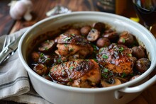 Chicken And Mushrooms Cooked In Red Wine And Brandy Sauce