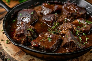 Classic German braised beef cheeks in red wine sauce with herbs in skillet on rustic board