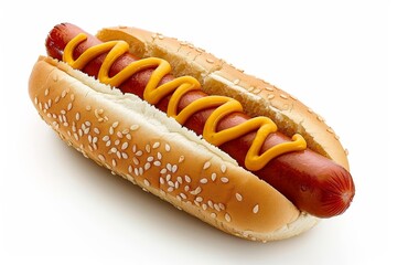 Wall Mural - Classic hot dog with mustard on a sesame seed bun Photographed on white background