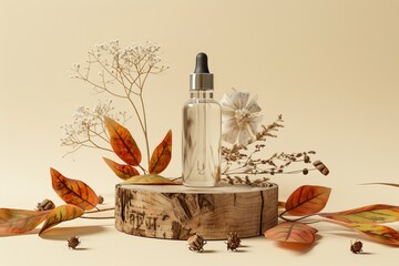 Poster - Clear glass dropper bottle with dried flowers on wooden base Autumn themed natural skincare presentation