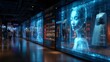 Futuristic shopping experience with holographic displays and digital mannequins in a high-tech retail environment. Cyber-enhanced fashion advertising for a modern lifestyle.