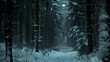 A snowy, dark forest scene, with heavy snow blanketing the ground and clinging to the branches of towering, silent trees, in the dead of winter.