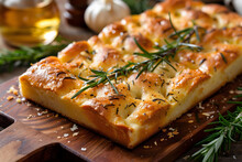 Freshly Made Italian Focaccia Bread, Sitting On A Wooden Cutting Board, Adorned With Rosemary And Seasoned With Garlic