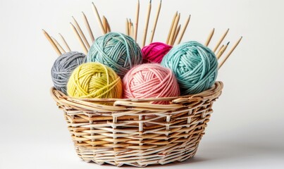 Poster - Closeup of a still life a wicker basket with colorful wool yarn balls and wooden knitting needles on a white background space for text