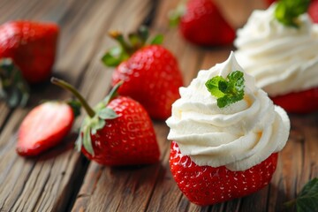 Poster - Closeup of strawberries and whipped cream on wooden table delightful