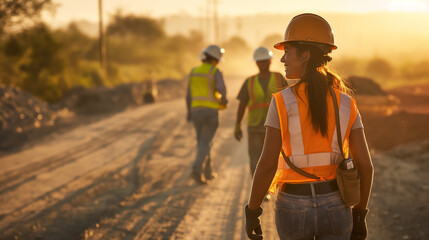 female construction worker confidently strides down a dusty road,