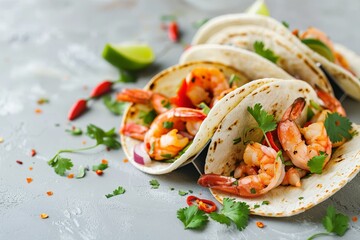 Wall Mural - Closeup of tasty shrimp and lime tacos on light grey surface