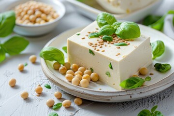 Canvas Print - Closeup of tasty tofu cheese basil and soybeans on light gray table