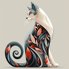 Poster - A white cat with black and red designs on it's body, decorative cat with floral ornaments