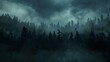 A thick, dark forest just before a storm, with dark clouds overhead casting the entire forest in a deep shadow, and the wind beginning to howl through the trees.