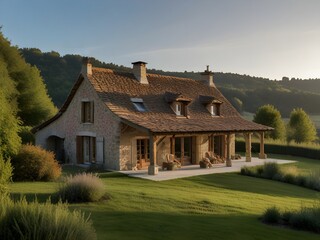 Wall Mural - A house with rustic stone walls, wooden beams, and a gently sloping roof, generative AI