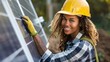 Portrait of a African American female engineer in a hard hat working with solar panels.