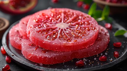 Sticker -   A tight shot of a table displaying a split grapefruit atop it