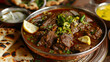 Traditional pakistani beef karahi with accompaniments