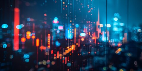 Poster - Double exposure image featuring a forex chart overlaid on a city view, blending financial data with urban landscapes