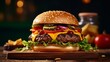 Appetizing double cheeseburger with lettuce, pickles, and onions on a wooden board with a blurred background.