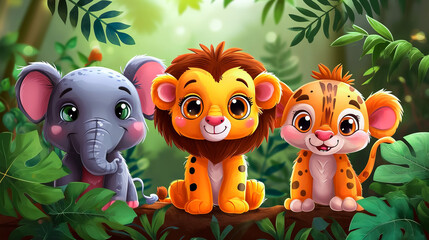 Wall Mural - Cute Cartoon Animals in Nature. Jungle Friends