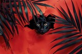 Fototapeta Panele - A curious black cat peeks through a torn red paper background surrounded by tropical palm leaves