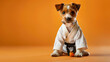 Adorable puppy ready for his training wearing a karate or taekwondo outfit