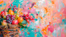 Fruit Basket Fusion: Vibrant Still Life Against An Abstract Colorful Artistic Backdrop