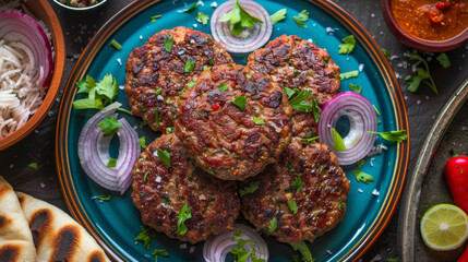 Wall Mural - Overhead view of spicy chapli kebabs, a classic pakistani dish, served with sides